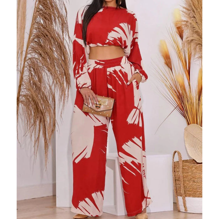 Women Clothing Casual Printing Short round Neck Top High Waist Wide Leg Pants Two Piece Set