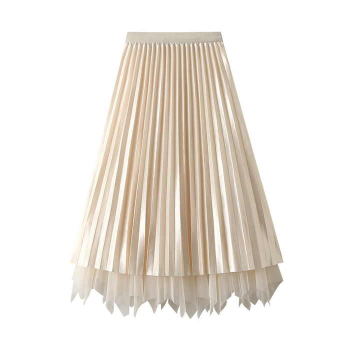 Women Two Sided Skirt Spring Mid Length High Waist Pleated Skirt Irregular Asymmetric Big Skirt