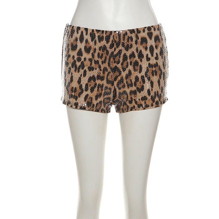 Winter Women Clothing Sexy Low Waist Sequ Contrast Color Leopard Print Sexy Women Shorts