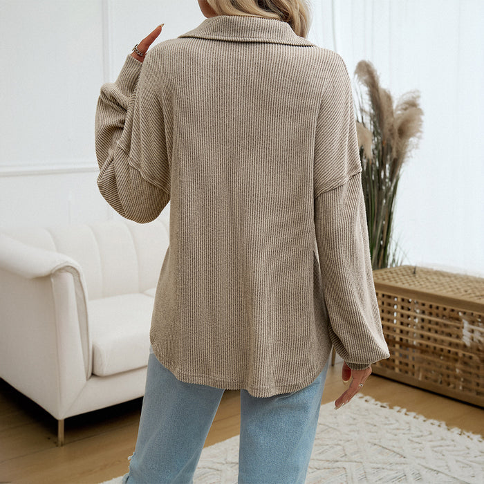 Autumn Winter Top Women Casual Collared Pocket Sweater