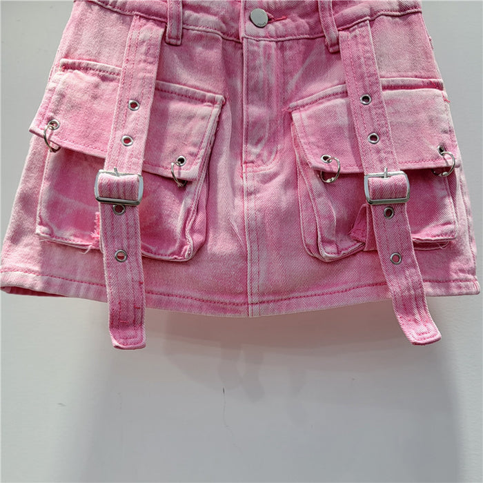 Retro Sexy Pink Three Dimensional Pocket Strap Anti Exposure A Line Slimming Workwear Short Skirt Women