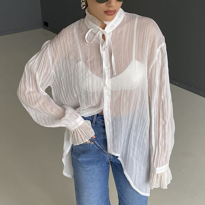 Early Autumn Thin Type Single Breasted Irregular Asymmetric Shirt Women Loose Flare Sleeve Blouse