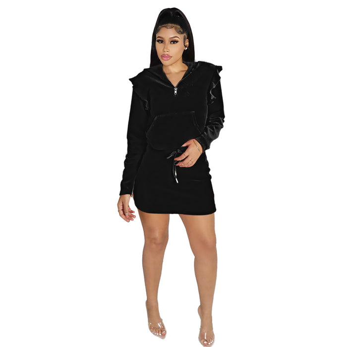 Autumn Winter Zipper Hooded Velvet Ruffled Design Short Mid Length Dress Set