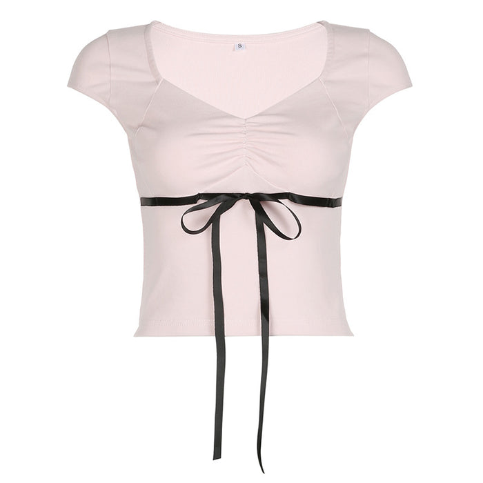 Sweet Spicy Sexy Deep V Plunge-neck Pleated Skinny Slimming T shirt Bow Lace-up Fashionable Knitted Bottoming Short Sleeve Top