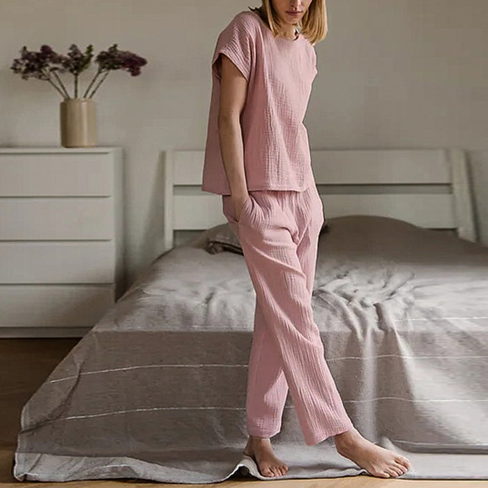 Simple Pajamas Summer Double Layer Cotton Yarn Skin Friendly Solid Color Two Piece All Matching Home Wear for Women