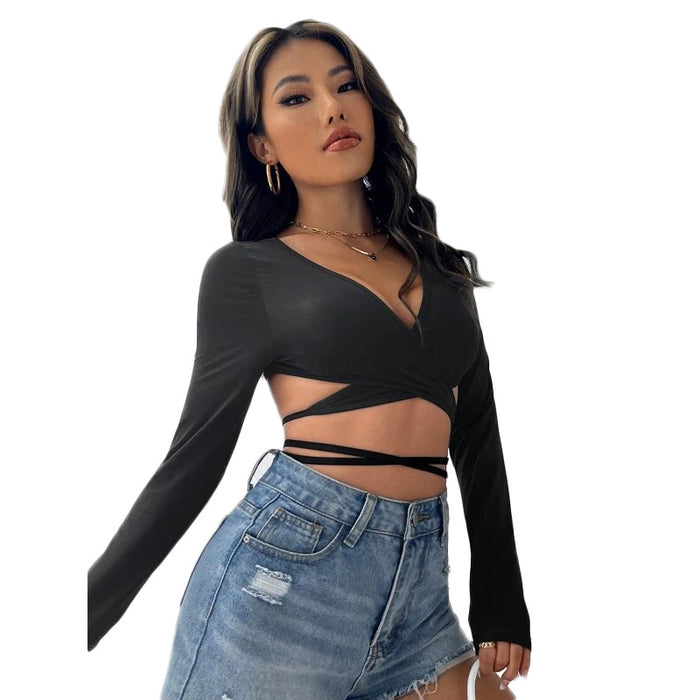 Summer Women Clothing Sexy V neck Lace up Crop Top Tight Fitting Long Sleeved Top for Women