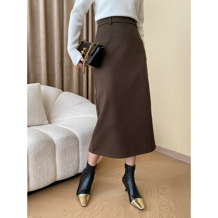 French Fashionable Item Simple Office Straight Woolen Thick Split Skirt