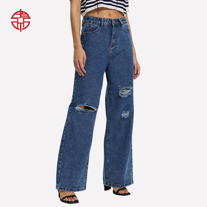 Women Wear Loose Fitting Wide Leg Trousers High Waist Ripped Jeans