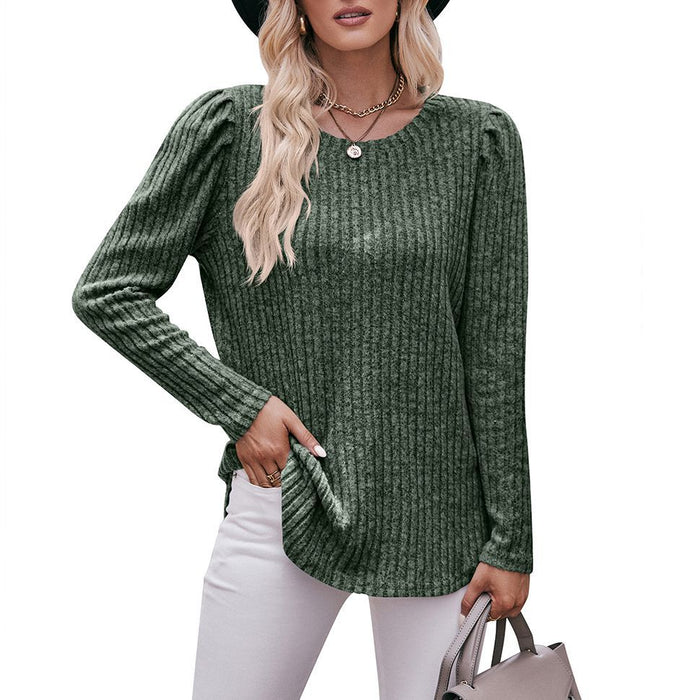 Women round-Neck Puff Sleeve Brushed Sunken Stripe Solid Color Upper Clothes Long Sleeves T-shirt