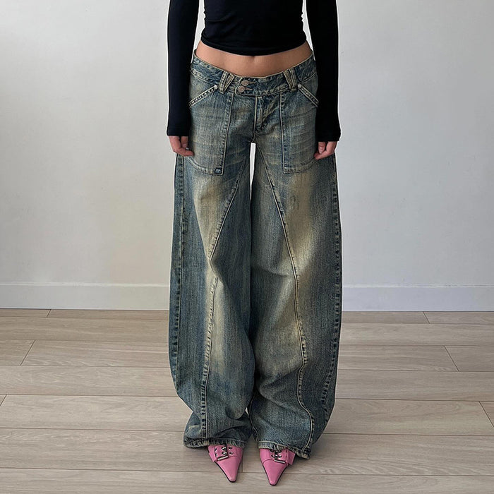 Retro Distressed Irregular Asymmetric Split Pocket Jeans Low Waist Sexy Loose Casual All Matching Wide Leg Pants