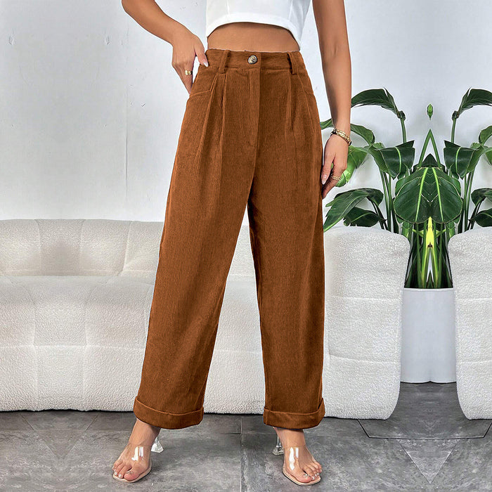 Women Clothing High Waist Pocket Corduroy Casual Straight Leg Trousers