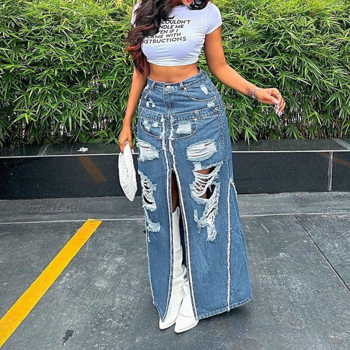 Women Streetwear Raw Hem Ripped Stitching Metal Buckle High Waist Slit Denim Skirt Long Skirt Autumn