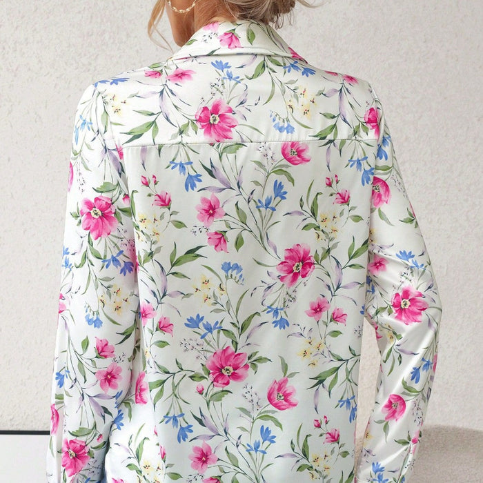 Spring Summer Holiday Floral Digital Printing Long Sleeved Shirt Women Clothing