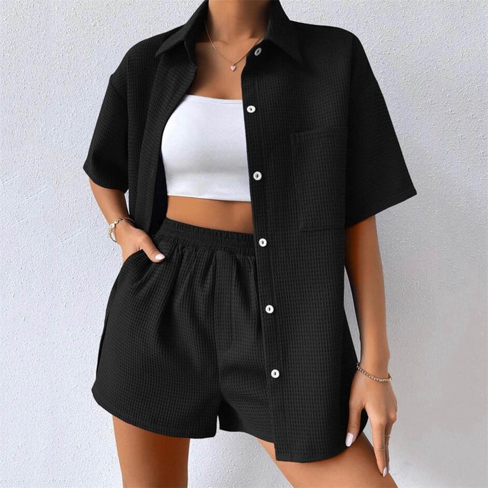 Summer Suit Women Women Loose Casual Short Sleeved Shirt Elastic Waist Shorts Two Piece Set Women