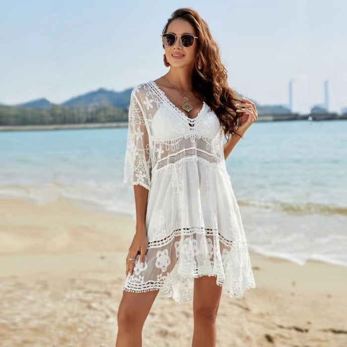 Lace Patchwork Embroidered Beach Blouse Sexy Seaside Vacation Sun Protection Shirt Beach Cover Up