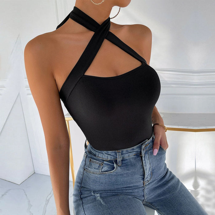 New Women Clothes Net Red Wind Solid Color Halter Criss Cross Vest Knitted Sexy Slim Top for Women