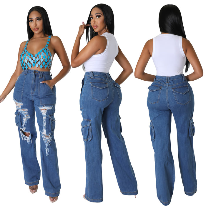 Women Clothing Summer Bellows Pocket Loose High Waist Wide Leg Ripped Jeans Casual Pants