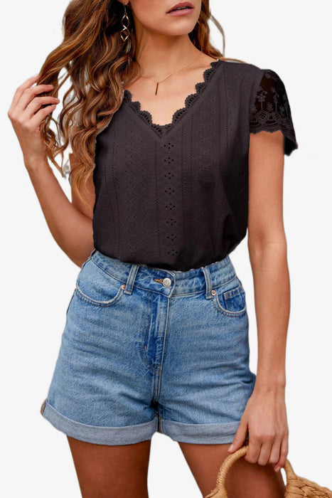 Spring Summer Lace Hollow Out Cutout out V-neck Casual Women T shirt