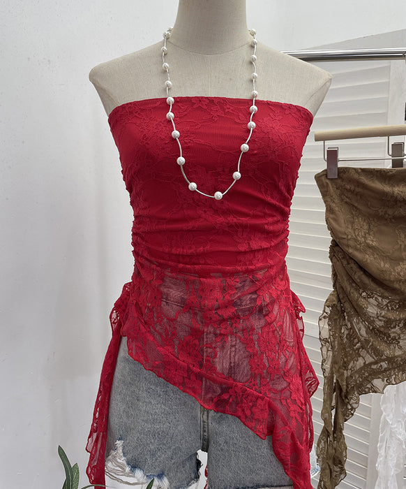 Sexy Sexy Cutout See Through Lace Tube Top Sleeveless Top Irregular Asymmetric Ribbon Vest