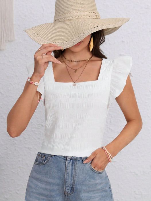 Women Clothing Summer All Matching Solid Color Square Collar Flying Sleeves Top for Women