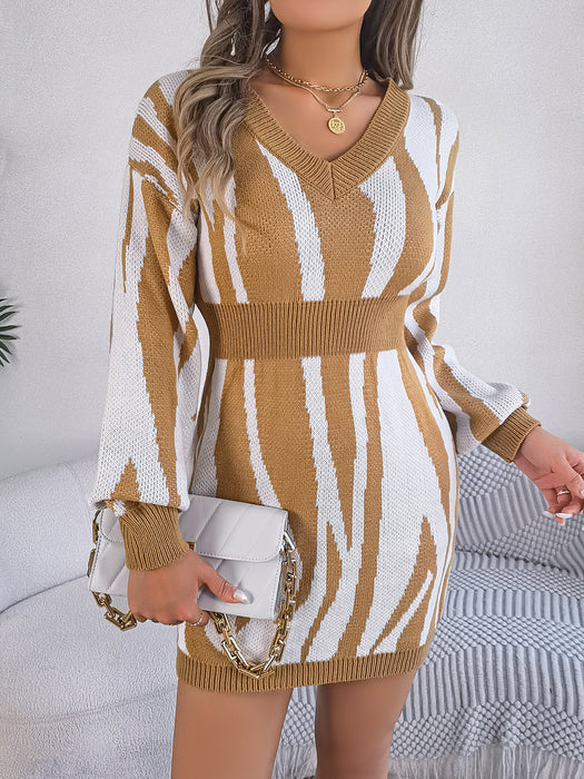 Autumn Winter Street V Collar Contrast Color Zebra Pattern Long Sleeve Narrow Woolen Dress Women Clothing