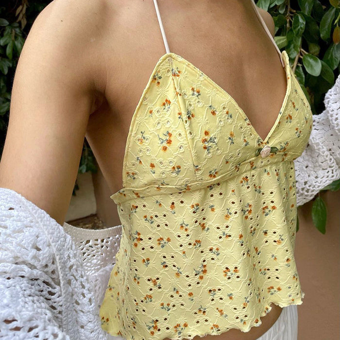 Vacation Fresh Floral Print Hollow Out Cutout Out Halter Tied V Neck Back Strap Sexy Sexy Backless Top