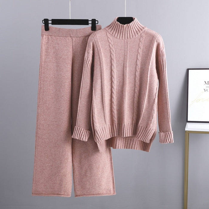 High End Mock Neck Sweater Wide Leg Pants Suit for Women Autumn Winter Younger Knitted Two Piece