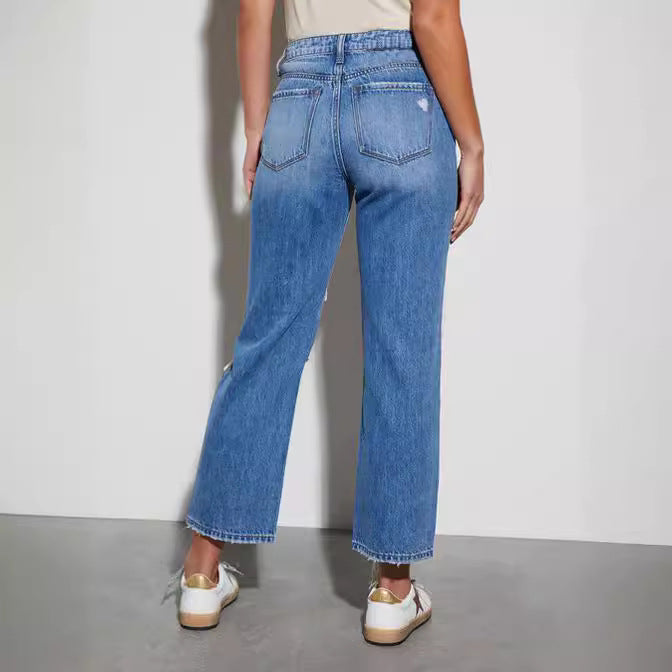 Summer Slimming Cotton High Waist Straight Cropped Jeans