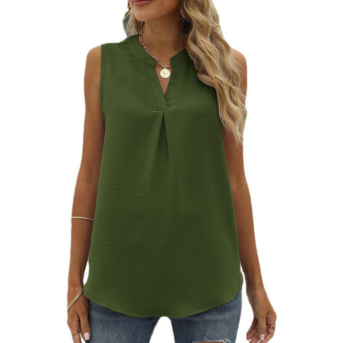 Women Clothing Spring Summer Solid Color Chiffon Shirt Loose V neck Pullover Sleeveless Top Vest