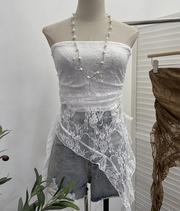 Sexy Sexy Cutout See Through Lace Tube Top Sleeveless Top Irregular Asymmetric Ribbon Vest