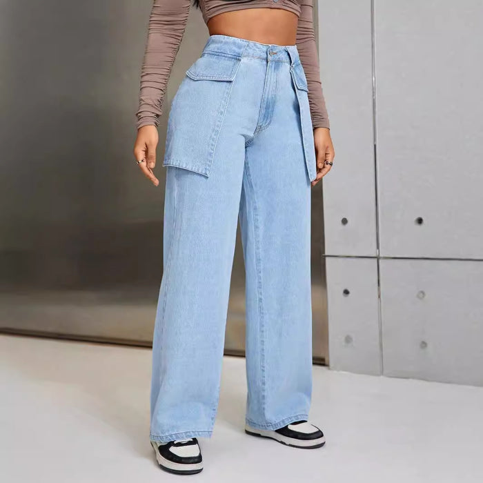 Women Clothing Casual Wide Leg Large Pocket Denim Trousers