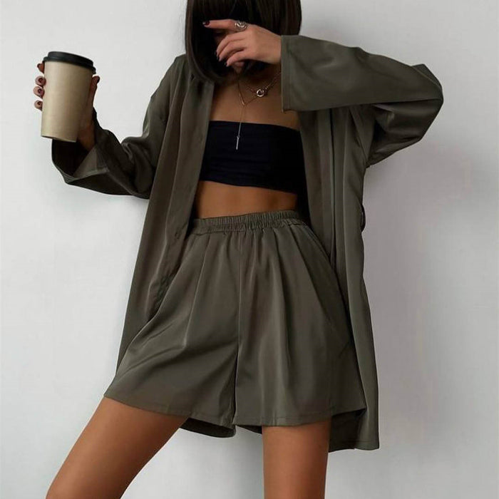 Satin Shirt Shorts Two Piece Set Women Clothing Summer Silky Satin Pajamas Set Loose Casual Wear