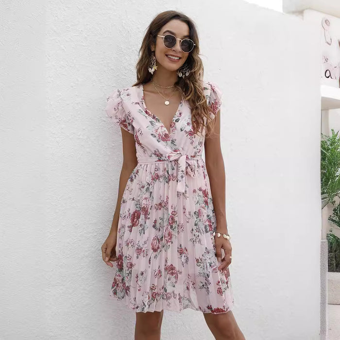 Summer Women Clothing V neck Waist Controlled Lace up Printing Dress