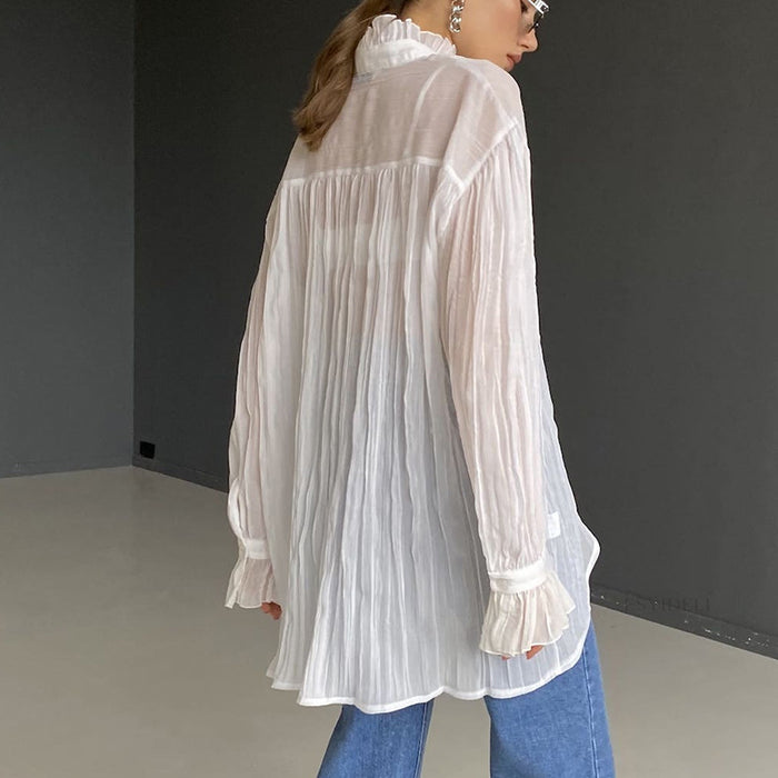 Early Autumn Thin Type Single Breasted Irregular Asymmetric Shirt Women Loose Flare Sleeve Blouse