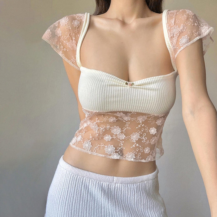 Women Clothing Summer Solid Color Tube Top Sexy Lace Slim Fit Patchwork Cropped Top