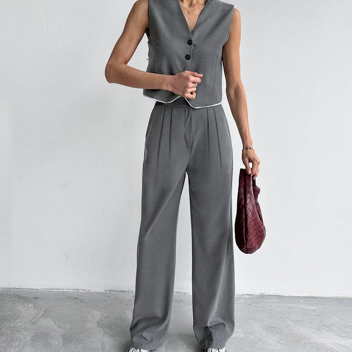 Gray Sleeveless Vest Waistcoat Trousers Summer Two Piece Set