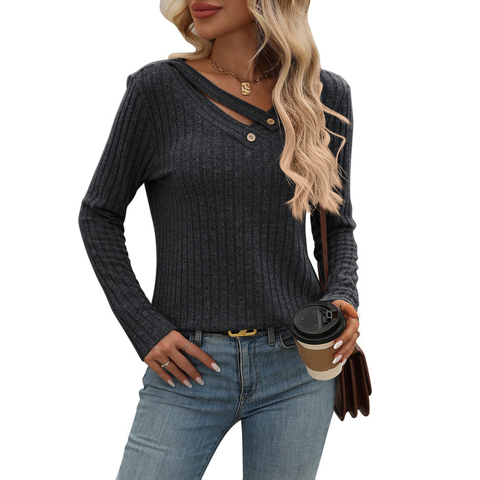 Women Clothing Autumn Winter Loose Casual V Neck Button Top Sunken Stripe T Shirt Women