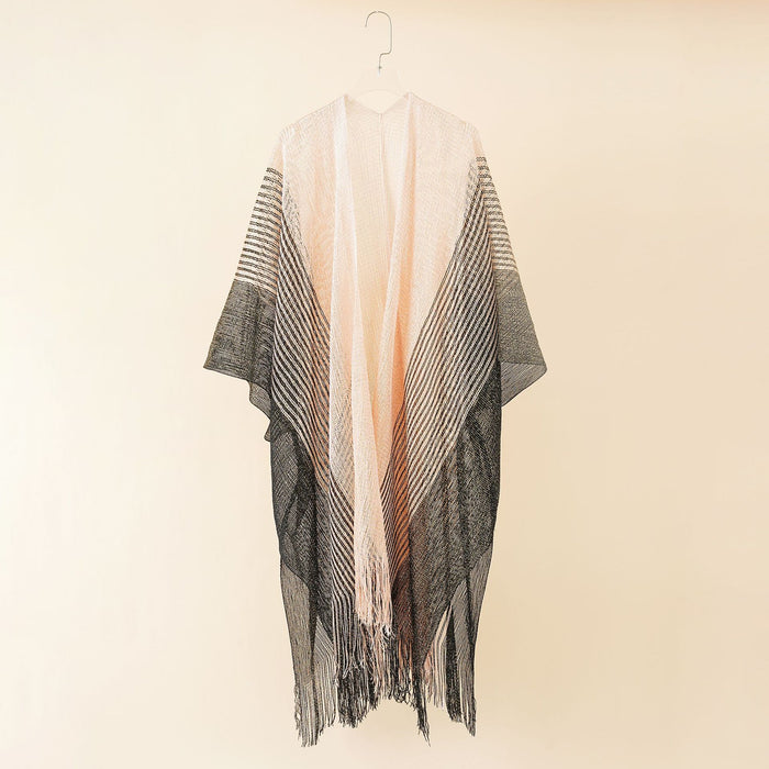 Summer Color Matching Striped Tassel Shawl Hollow Out Cutout Gold Silk Cardigan Coat Sun Protection