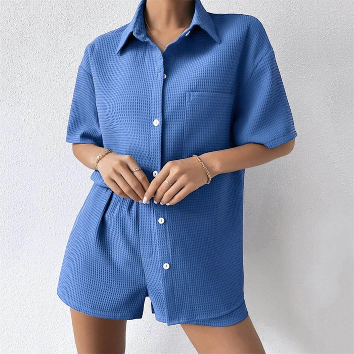 Summer Suit Women Women Loose Casual Short Sleeved Shirt Elastic Waist Shorts Two Piece Set Women