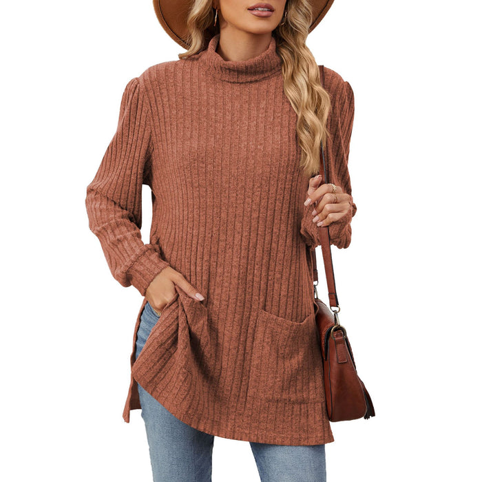 Autumn Winter Half High Collar Long Sleeves Loose Split Pocket T shirt Top