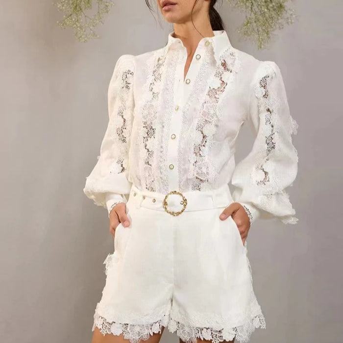 French Elegant Summer Polo Collar Embroidered Lace Shirt Shorts Set Women