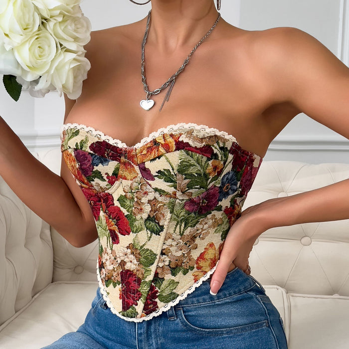 Street Retro Floral Print Corset Flounce Trim Lace Up French Minority Boning Corset Vest