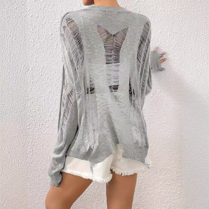 Lazy Knitted Drop Shoulder Sleeve Ripped Sweater Sexy Casual Design Hollow Out Cutout Out Top