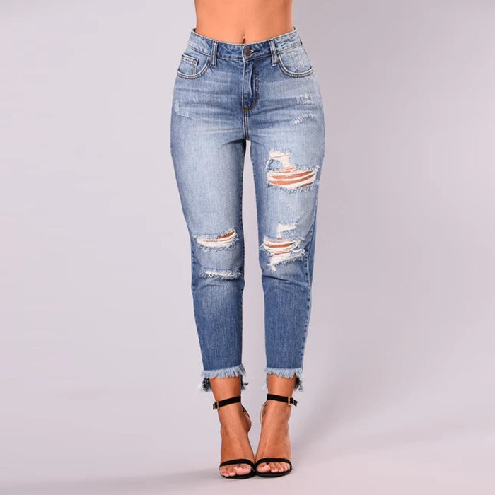 Autumn Holes Irregular Asymmetric Ankle Length Jeans Women