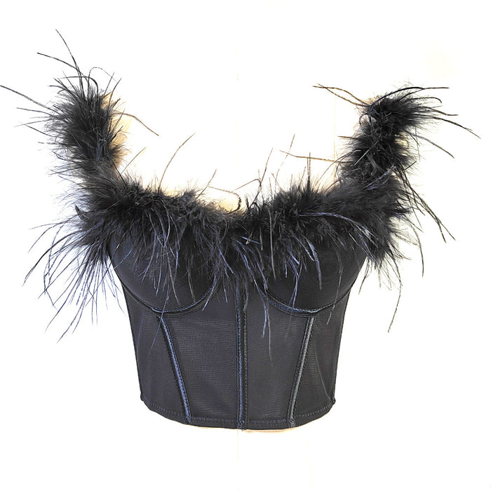 Live Broadcast High Grade Ostrich Fur Super Fairy Boning Corset Tube Top Shaping Drawstring Slim Fit Bare Back Feather Sling