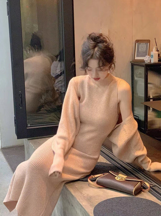 Lazy Autumn French Elegant Slim Fit Suit Knitted Dress Women Autumn Solid Color Sneaky Design Two Piece Set