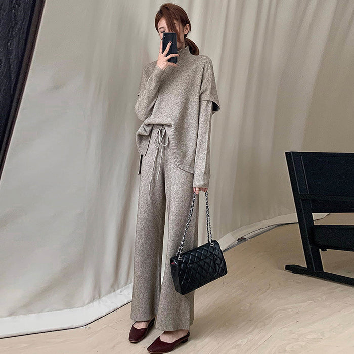 Spring Lazy Wind Casual Loose Waist Turtleneck Sweater Wide Leg Pants Knitting Suit Women Three Piece Suit