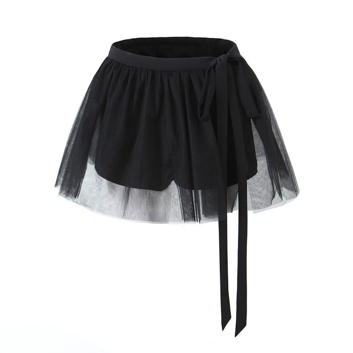 Summer Mesh Stitching Skirt Lace up Pleated Skirt