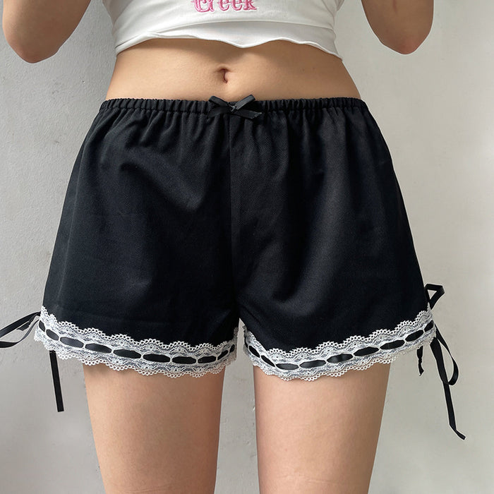 Sweet Cool Sexy Lace Bow Stitching Basic All Matching Casual Black Casual Low Waisted Shorts Summer