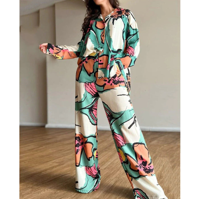 Elegant Women Clothing Printed Office Shirt High Waist Wide Leg Pants Set